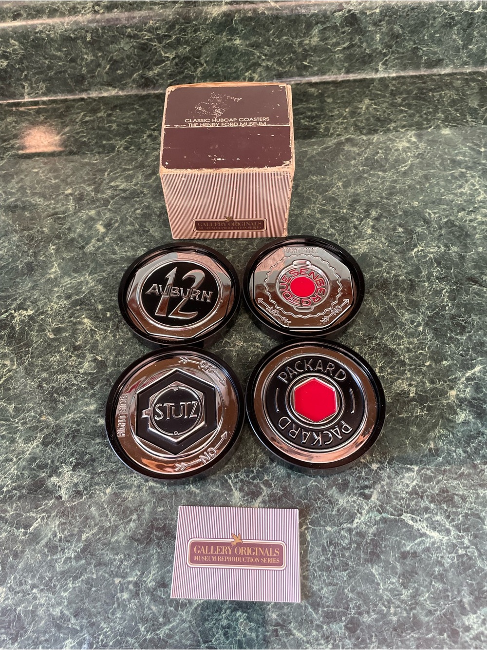 Vintage Henry Ford Museum Hubcap Coasters Set of 4 Classic Cars W/ Box 1984